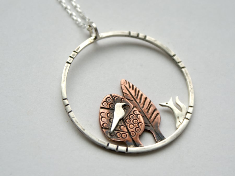 Woodland walk pendant - bird and fox