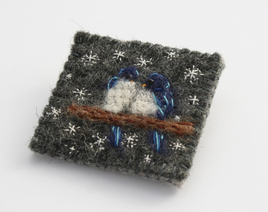 Blue Birds Keep Cosy In The Snow Hand Embroidered Felt Textile Brooch
