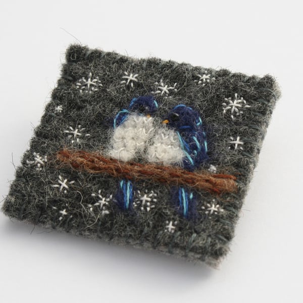 Blue Birds Keep Cosy In The Snow Hand Embroidered Felt Textile Brooch