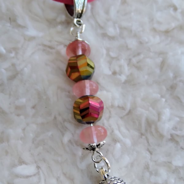 Pink TOURMALINE, Czech coated crystal and Tibetan Silver pendant THONG necklace
