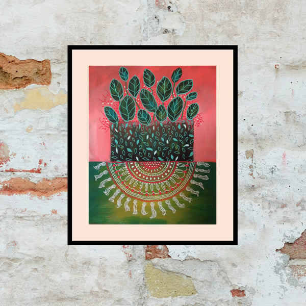 Botanical Floral Still Life Painting Pink Green Contemporary Nature Plant Art