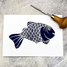 Fish Lino Print on an Eco Friendly Greetings Card - White