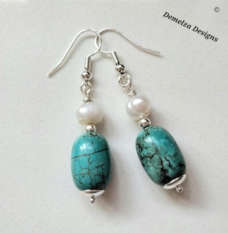 Designer Natural African Turquoise & Baroque Freshwater Pearl Earrings