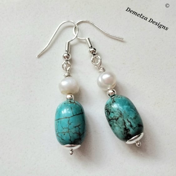 Designer Natural African Turquoise & Baroque Freshwater Pearl Earrings