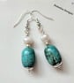 African Turquoise & Baroque Freshwater Culture Pearl Earrings Silver Plate 