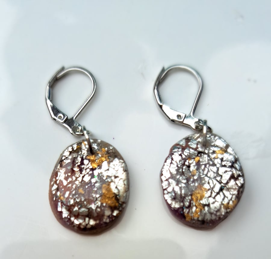 Silver crackle design earrings, lightweight and sparkly handmade gold