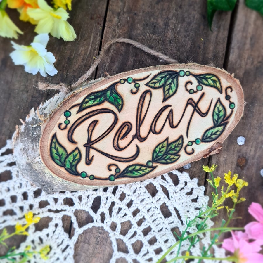 'Relax' Wood pyrography plaque