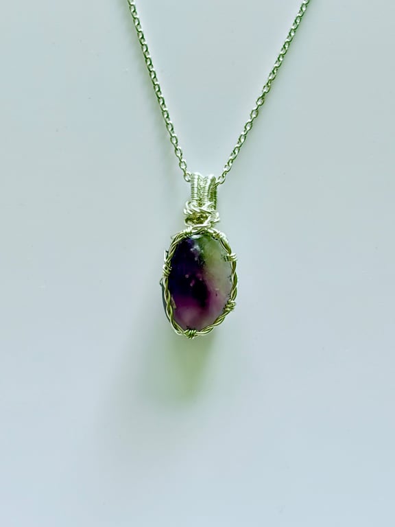 Scottish Purple & White Sea Glass Pendant – Handmade Wire Wrapped Necklace