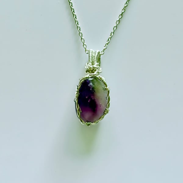Scottish Purple & White Sea Glass Pendant – Handmade Wire Wrapped Necklace