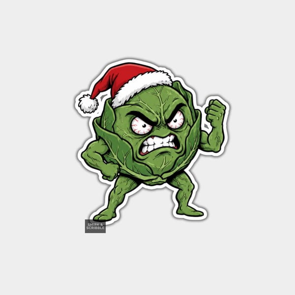 Unique Funny Christmas Sticker Xmas Decal - Angry Brussels Sprout
