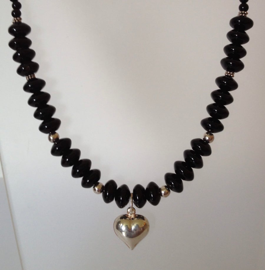 Black agate and sterling silver heart necklace