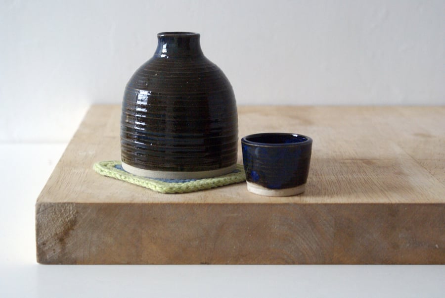SECONDS SALE - Midnight blue sake set with four cups british stoneware pottery