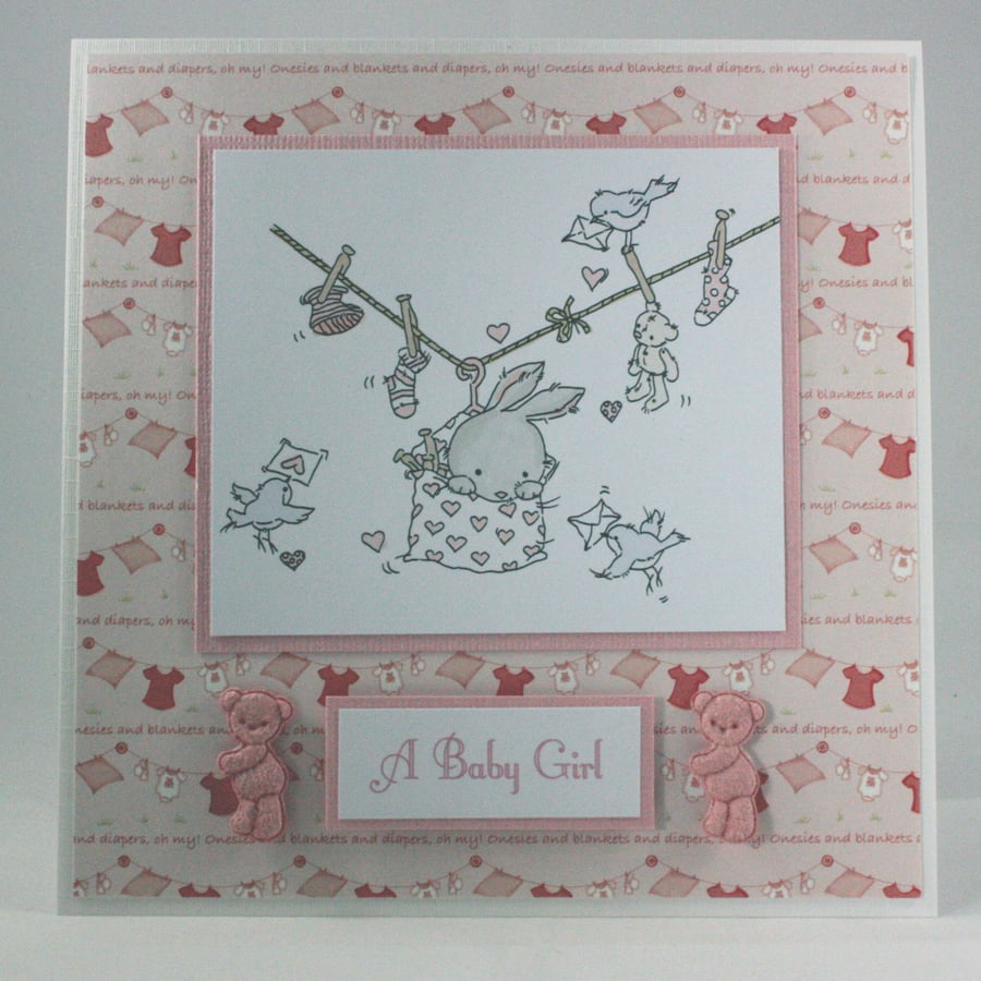 Handmade new baby girl card - the washing line