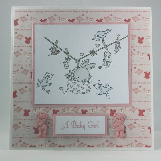 Handmade new baby girl card - the washing line