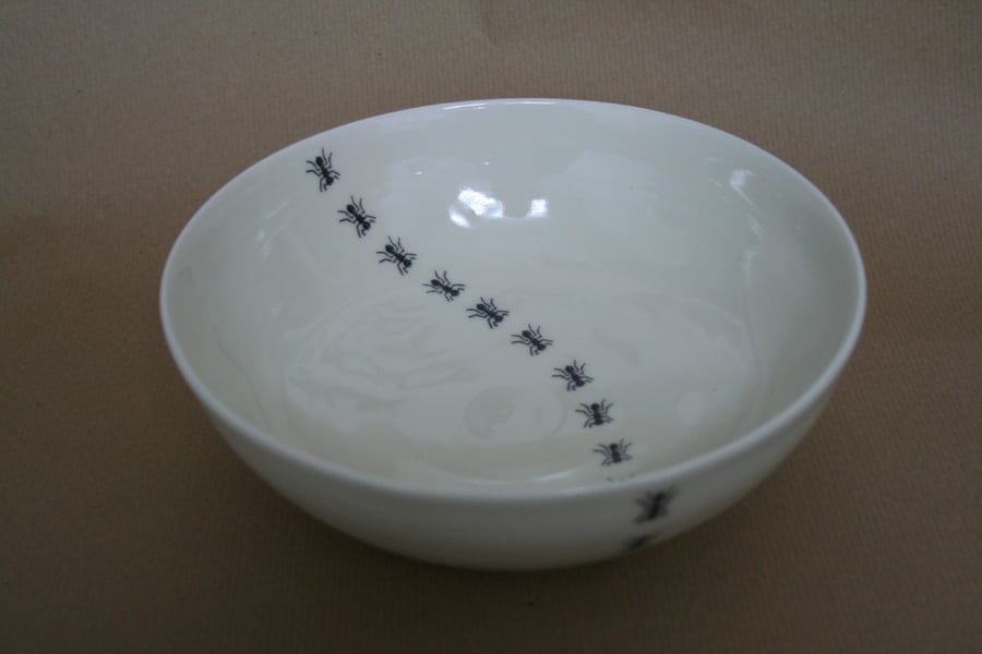Larger thrown porcelain bowl with ant trail