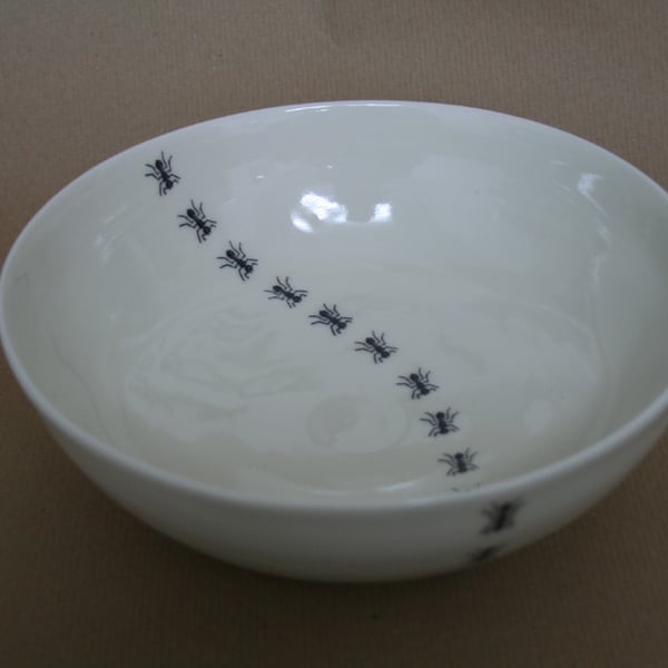 Larger thrown porcelain bowl with ant trail