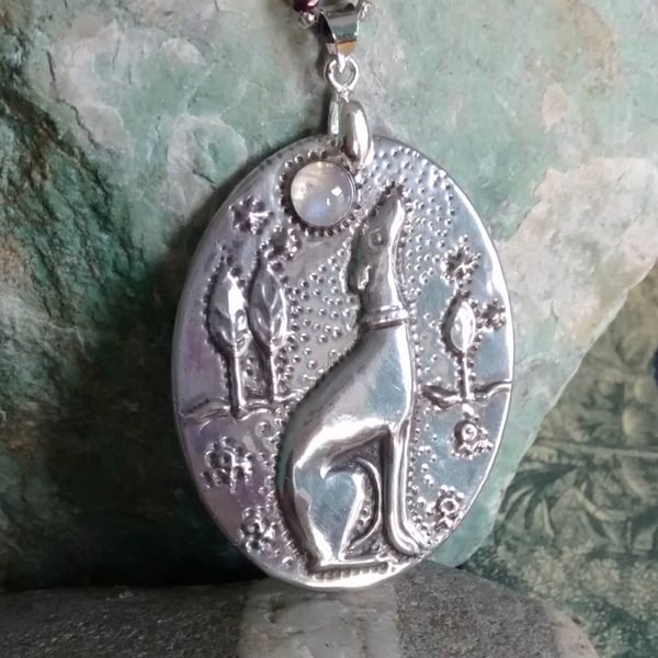 Pewter Greyhound Moonstone Pendant with Choice of Necklace