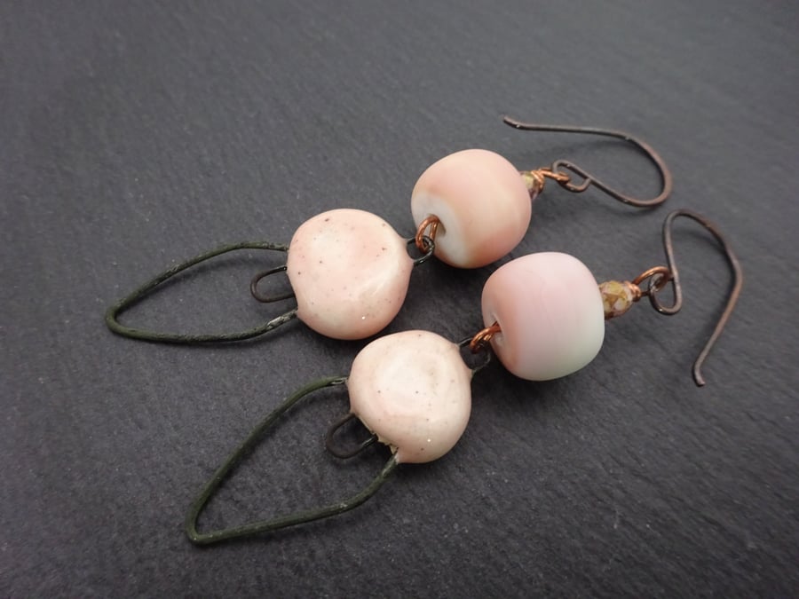 peach lampwork glass earrings, copper jewellery