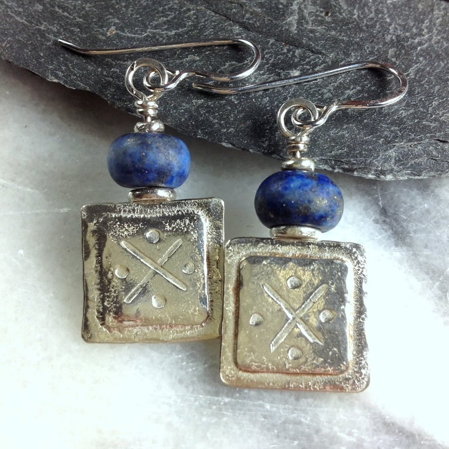 Silver and lapis lazuli Oware earrings