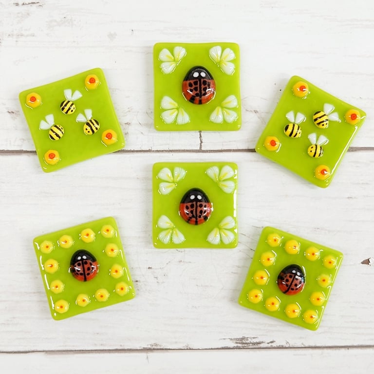 Cheerful handmade bee and ladybird magnets