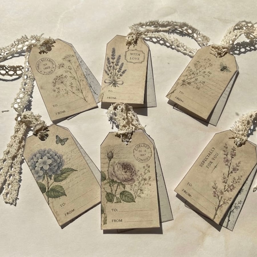 Set of Six Vintage Botanical Gift Tags. Handmade Layered Parchment Gift Tags
