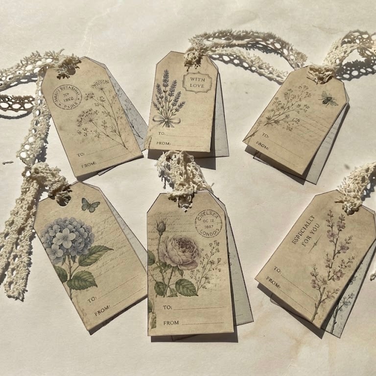 Set of Six Vintage Botanical Gift Tags. Handmade Layered Parchment Gift Tags