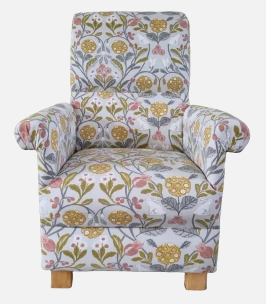 Grey Mustard Chair Botanical Adult Armchair Rabbits Floral Ochre Accent Hares