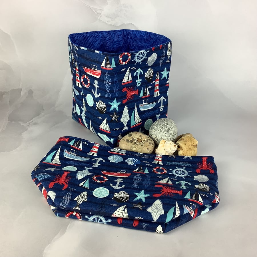 Seaside fabric basket, Beach storage bin, Handmade