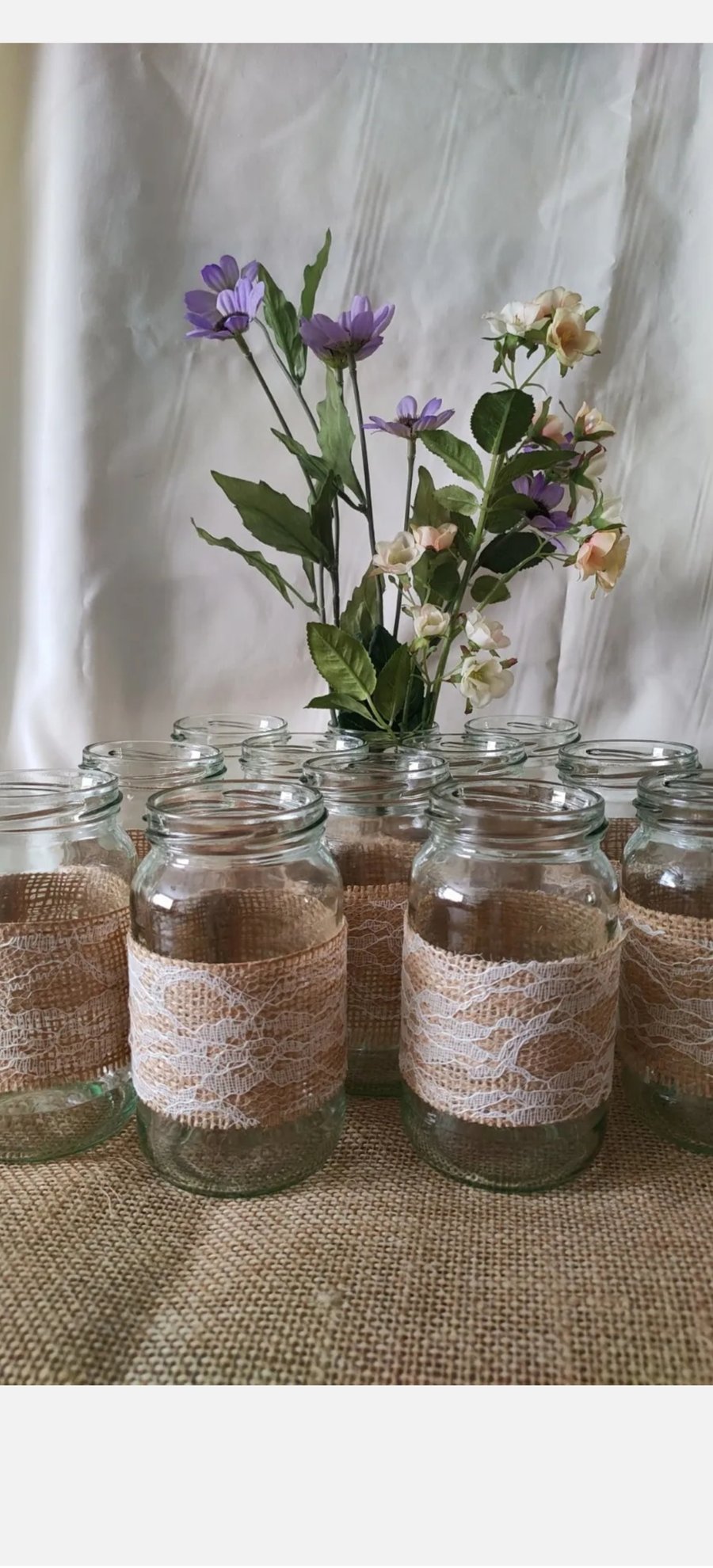 12 Hessians and lace vintage style Table decorations ideal for flower's 