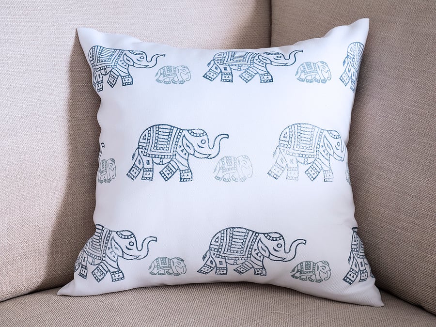 Elephant Cushion 16" inch Hand printed Indian Block Print Heart Buttons