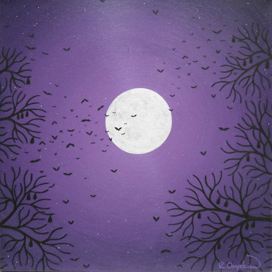 Bat Painting - original acrylic artwork of purple night sky with full moon