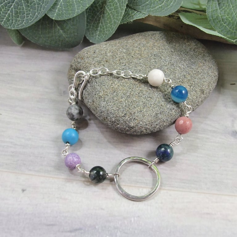 Gemstone Bracelet. Sterling Silver Circle and Mixed Gemstone Bracelet