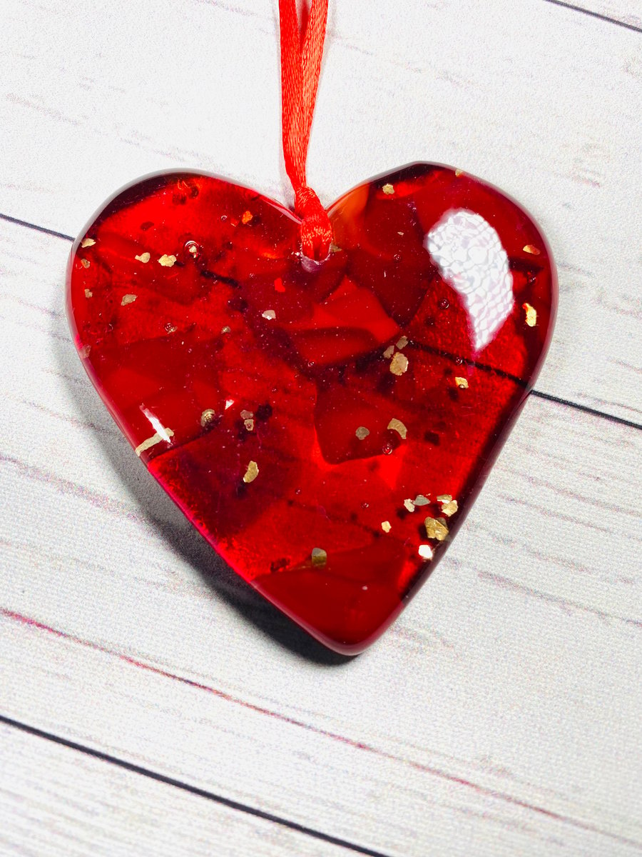 Red Fused glass hanging heart- gift boxed 