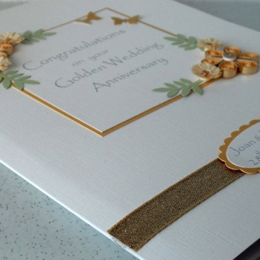 Handmade quilled 50th golden wedding anniversary greeting card, congratulations