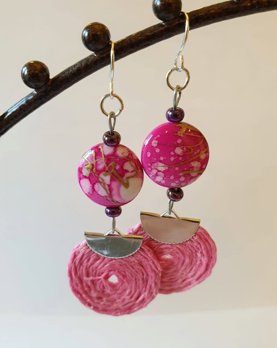 Marble bead and hemp spiral dangle earrings