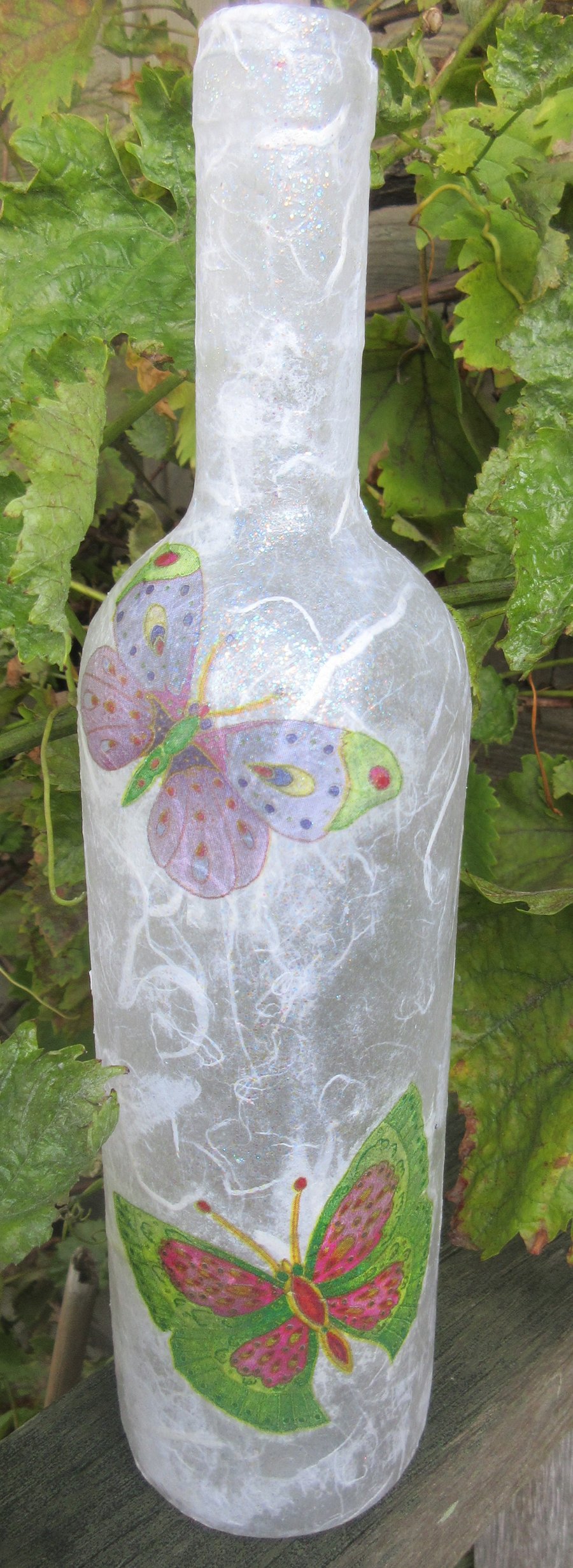 Bottle decoupaged in strawsilk and butterflies - available with lights