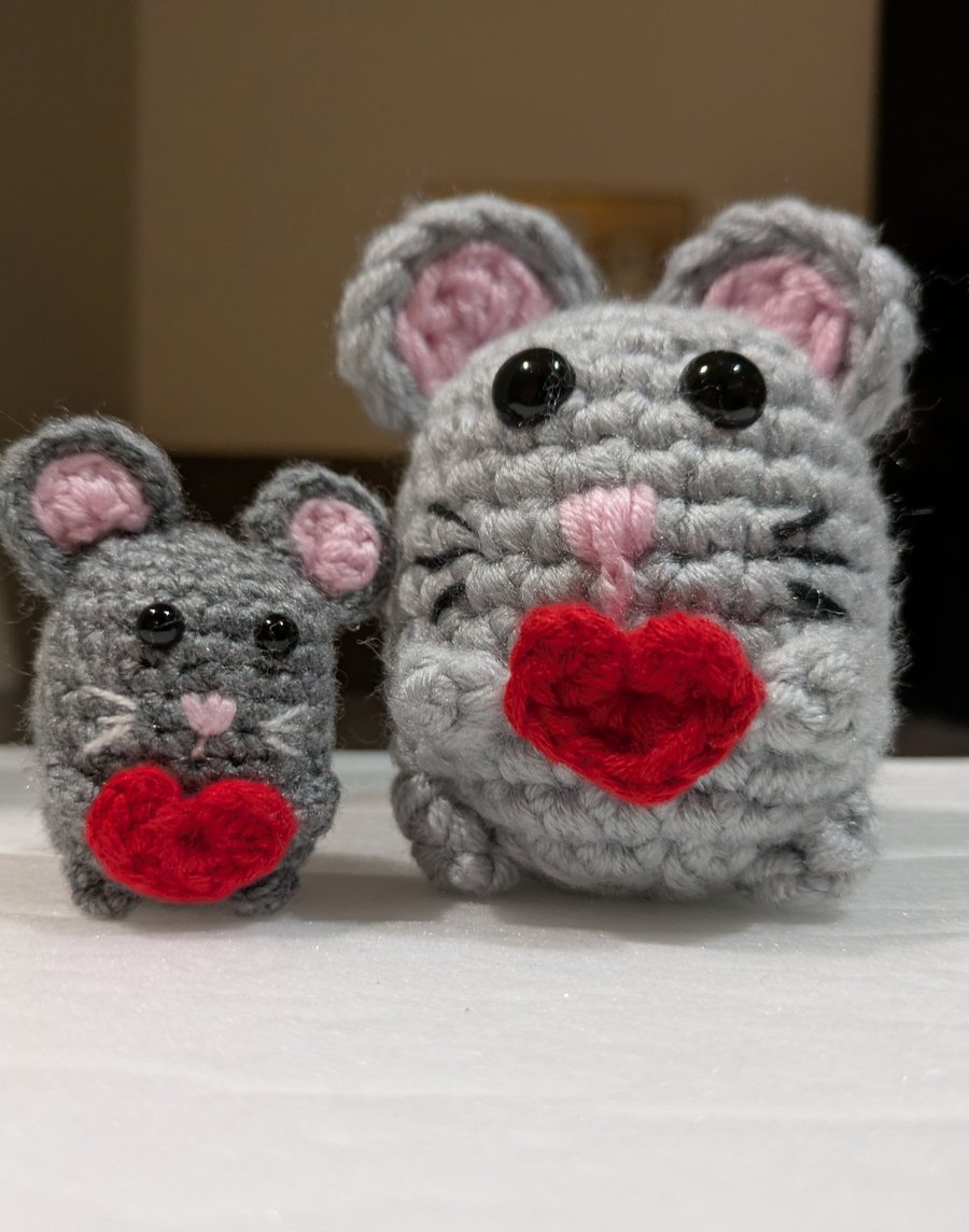 Crochet Mouse with Heart - Handmade Amigurumi - Small or Large - Colour Options