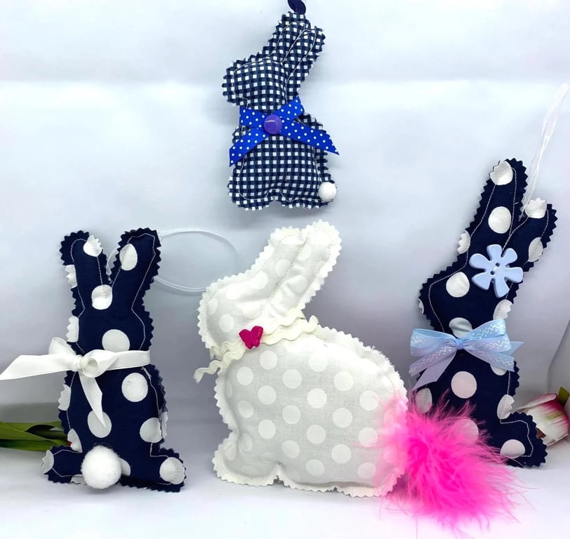 Handmade Easter Bunny Decoration Set – Navy Blue Polka Dot Rabbits – 4 Piece Spr