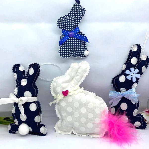 Handmade Easter Bunny Decoration Set – Navy Blue Polka Dot Rabbits – 4 Piece Spr