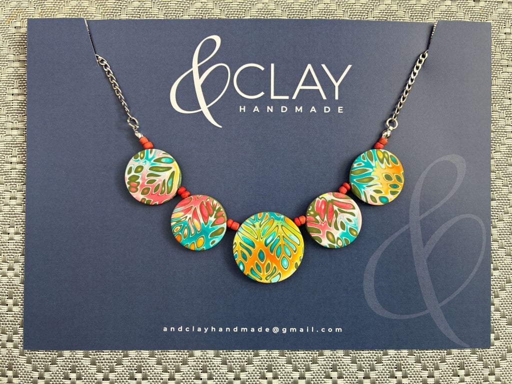  Mustard, Coral, Turquoise, Green and White Mokume Gane Magnetic Clasp Necklace
