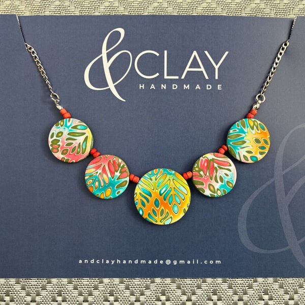  Mustard, Coral, Turquoise, Green and White Mokume Gane Magnetic Clasp Necklace
