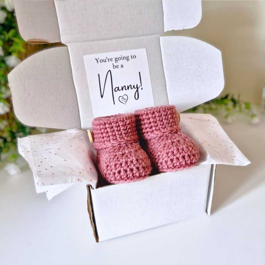 Nanny to be Pregnancy Announcement Gift Box – Crochet Baby Booties