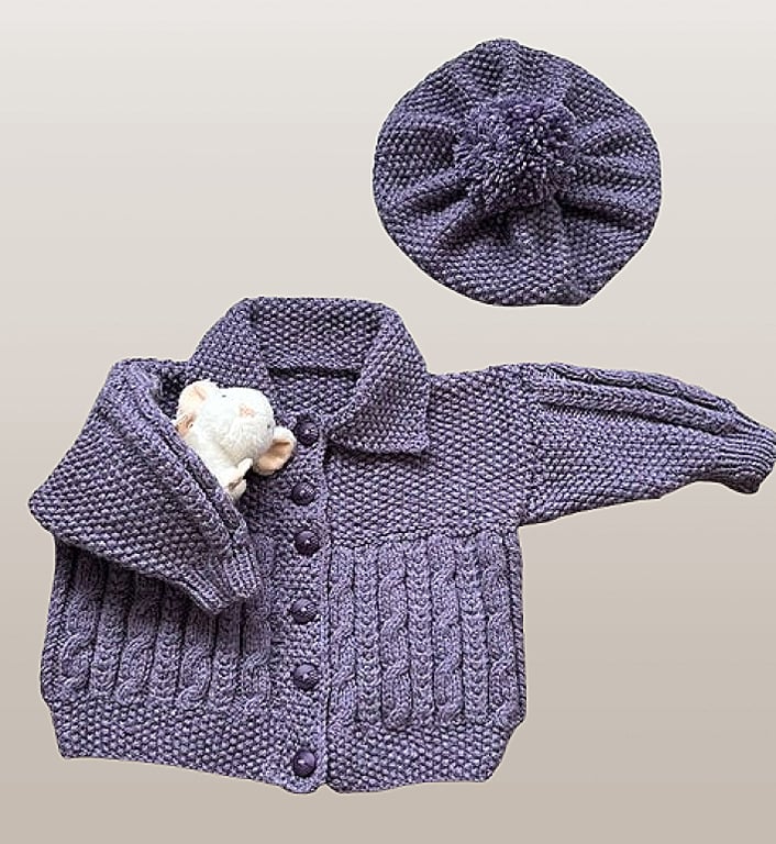 Hand Knitted Matching Set Of Vintage Style Jacket and Beret - Fits Age 3-4 years