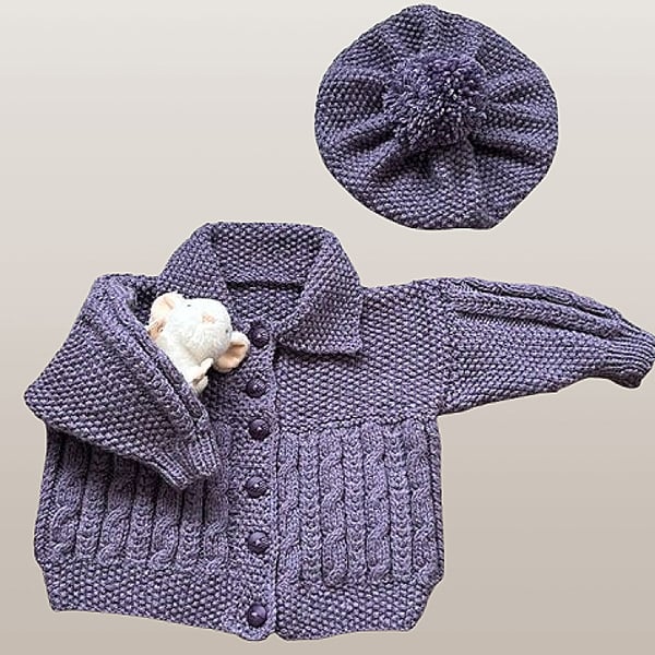 Hand Knitted Matching Set Of Vintage Style Jacket and Beret - Fits Age 3-4 years
