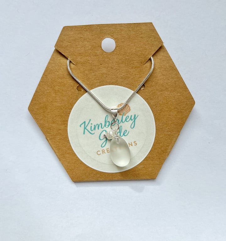 Pearly White Sea Glass Silver Necklace 