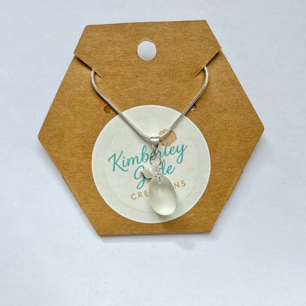 Pearly White Sea Glass Silver Necklace 
