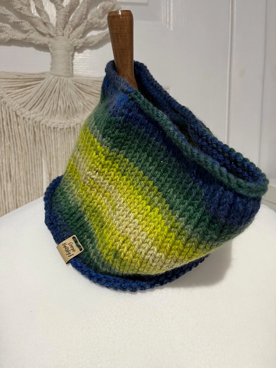 Hand Knitted Cowl Neck Warmer Chunky Wool Navy & Lime 60 x 22cms