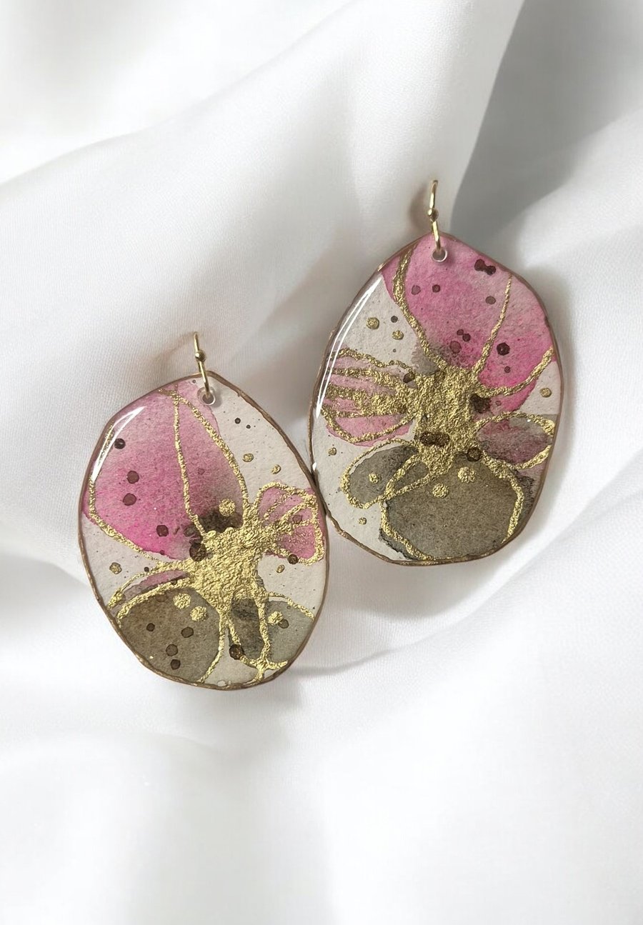  Statement Earrings, Large, Lightweight and Stylish, Pink Floral Theme, 5.3x5cm