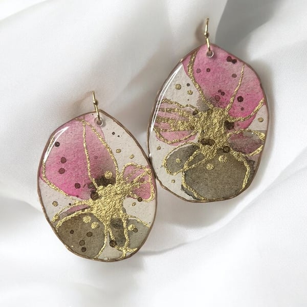  Statement Earrings, Large, Lightweight and Stylish, Pink Floral Theme, 5.3x5cm