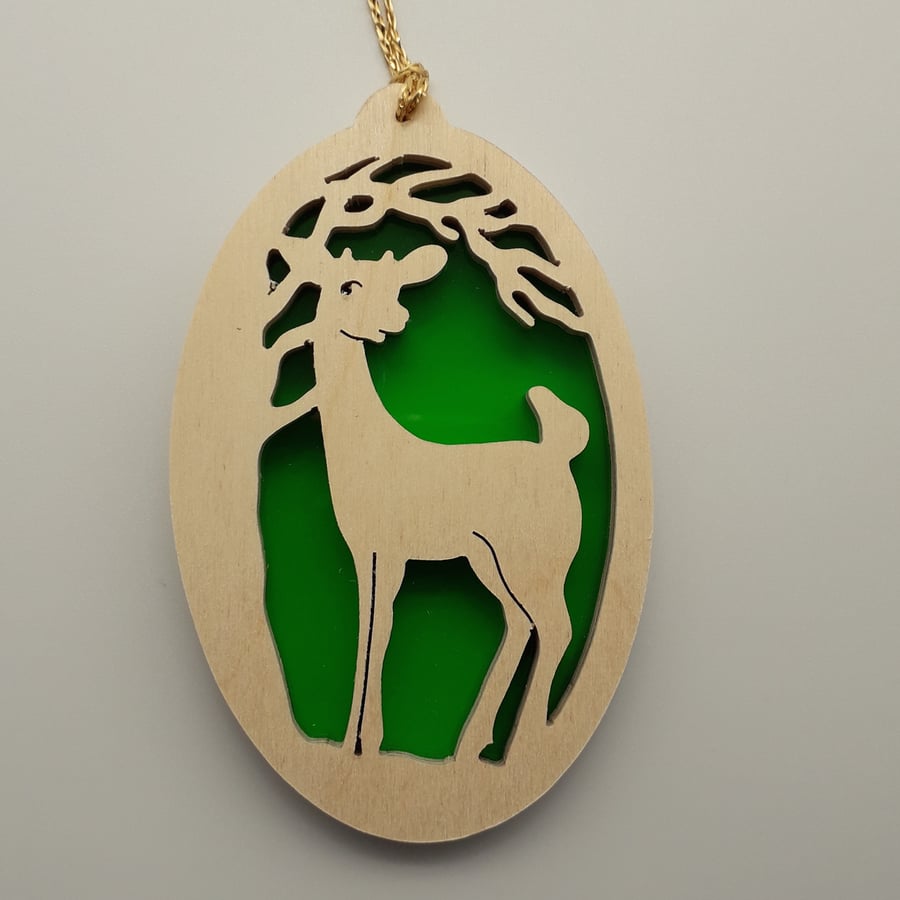Deer Motif Christmas Tree Decoration or Sun Catcher in Wood and Acrylic